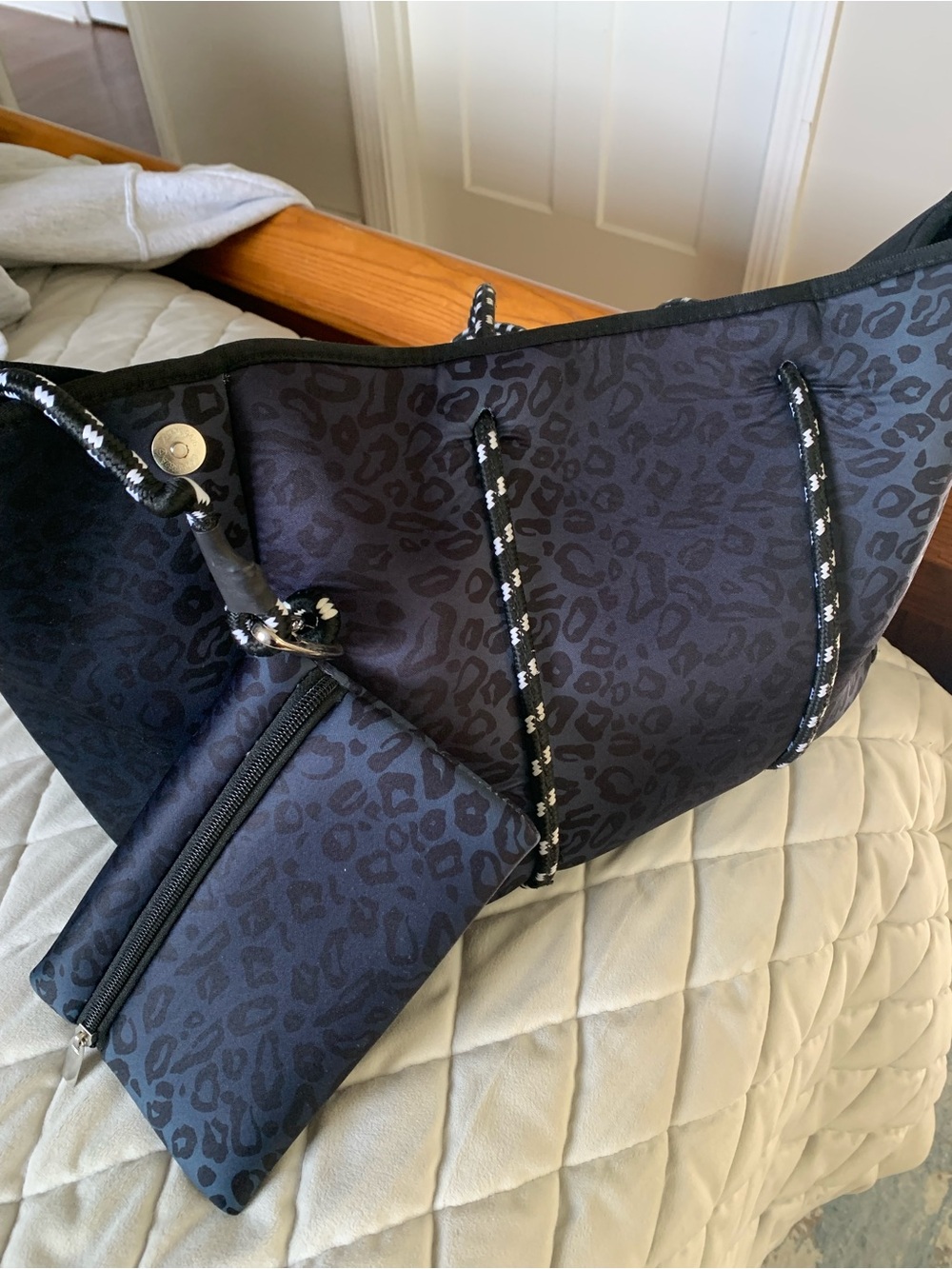 Large Navy Leopard Print Tote Bag with Rope Handles - Picture 3 of 3